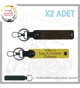 Motorcu Dostlara, İsim Plaka ve 0 Rh (+) Kan Grubu Yazılı Hediyelik x2 Anahtarlık, Sarı-K Kahve-Laci (Çok Renkli)