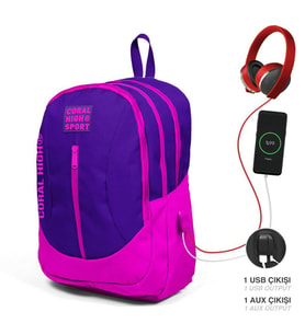 Coral High Sport Mor Pembe Dört Bölmeli USB Şarjlı Kulaklık Çıkışlı Sırt Çantası 23230