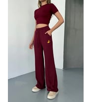 Osy Modal Yumuşak Dokulu Kumaş Nakış Işlemeli Rahat Bol Paça Eşofman Pantalon - Bordo
