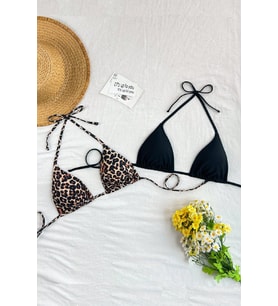Kadın Leopar Desenli ve Siyah Minimal Kesim Üçgen Bikini Üstü