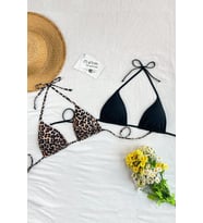 Kadın Leopar Desenli ve Siyah Minimal Kesim Üçgen Bikini Üstü
