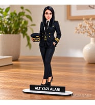 Kişiye Özel Kadın Uçak Pilotu Karikatürlü 18 cm MDF Masaüstü Biblo - Kadın Uçak Pilotu Hediyesi Pilota ve Kaptana Hediye