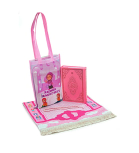 Kuran Kursları İçin Çocuk Çantalı Kuranı Kerim Tesbih İsimli Seccade Seti Pembe