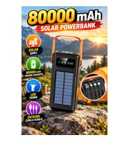 80000 mAh Solar Powerbank – Entegre Çoklu Kablolu, LED Fenerli ve Dijital Göstergeli