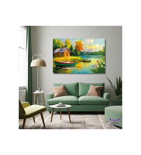 Tekli Yatay Kanvas Yağlı Boya Görünümlü Ahşap Ev ve Kayıklar