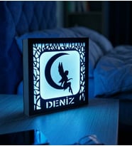 Kişiye Özel İsimli Peri ve Ay Yıldız Temalı Ahşap Gece Lambası (Kristal Mavi)