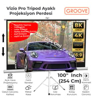 Groove Vizio Pro 100¨Inch 220x125cm Blackout Işık Geçirmez Tripod Ayaklı Projeksiyon Perdesi +Taşınabilir+Canlı Renkler+Göz Koruması+Leke Tutmaz Projector