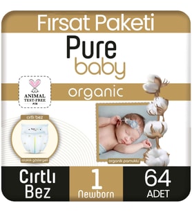 Pure Baby Organik Pamuklu Bebek Bezi 1 Beden Yenidogan 64 Adet