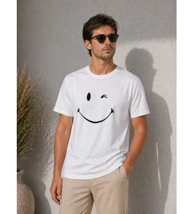 Virelto Erkek Beyaz Gülümseyen Yüz Tasarımlı T-Shirt