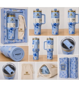 Stanley Quencher Çiçek Desenli Mavi Pipetli Termos Mug – Özel Kutulu ve Taşıma Keseli