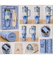 Stanley Quencher Çiçek Desenli Mavi Pipetli Termos Mug – Özel Kutulu ve Taşıma Keseli