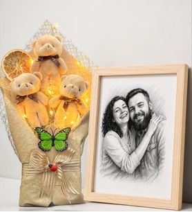Kişiye Özel Karakalem Fotoğraflı Ahşap Çerçeve ve Led Işıklı Kahve Peluş Ayıcık Buketi