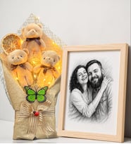 Kişiye Özel Karakalem Fotoğraflı Ahşap Çerçeve ve Led Işıklı Kahve Peluş Ayıcık Buketi