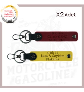 Sarı-Bordo, Motor Tutkunlarına, İsim Plaka ve 0 Rh (-) Kan Grubu Yazılı Özel Üretim 2'li Anahtarlık