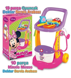 10 Parça Minnie Mouse Doktor Seti Oyuncak Servis Arabası Aksesuarlı Set