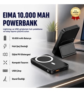 10.000mAh Dijital Göstergeli Taşınabilir 22.5W Hızlı Şarjlı Telefon Standlı Powerbank 200g Hafiflikte Ofis, Seyahatte, Alışverişte Kullanıma Uygun Şık Magsafe Powerbank