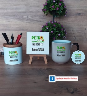 Petrol ve Doğalgaz Mühendisi Dekoratif Taş, Kalemlik, Sihirli Oval Kupa Bardak, Ahşap Anahtarlık Hediye (Model 1)