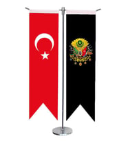 Masa Üstü Kırlangıç Siyah Osmanlı Arması + Türk Bayrağı + Krom T Direk Masa Bayrak Seti
