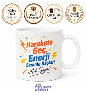 İsme Özel Enerjik Yazılı Baskılı Kupa Bardak Hediye Özel Tasarım Porselen Mug
