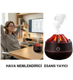 Hava Nemlendirici,Aroma Difüzörü Şömine Görünümlü Alev Buhar Makinesi Koyu Kahverengi