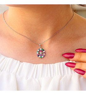 Renkli Zirkon Taşlı Oval Gümüş Kolye