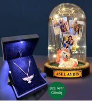 Premium Işıklı Kutuda 925 Ayar Zümrüdü Anka Kuşu Kolye ve Kişiye Özel Led Işıklı Fanus (Model 5)