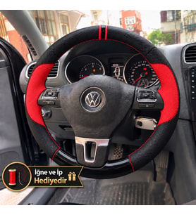 Vw Tiguan 1 Dikme Direksiyon Kılıfı Parlak Siyah Kırmızı Detaylı Kırmızı Çift Yüzük ve Dikiş 2011-2016