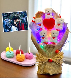 Size Özel Fotoğraflı Led Işıklı Buket ve Kokulu Makaron Mum, Kişiye Özel Hediye Seti (Model 2)