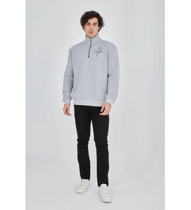 Erkek Yarım Fermuarlı Baskılı 3 iplik pamuklu sweatshirt - Gri
