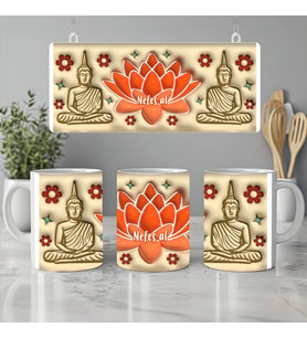 Lotus Çiçeği ve Buda Figürlü İsimli Kupa Bardak - Bohem Şans Bardağı Hediyesi, 330ml, Beyaz