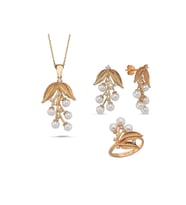 Zeytin Dalı Doğal İncili Küpe Kolye Yüzük Üçlü Set (Rose)