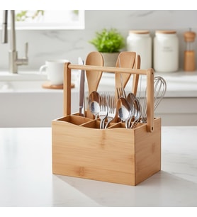 Bambu Taşıma Kulplu Çok Amaçlı Düzenleyici - 6 Bölmeli Çatal Bıçaklık Ofis, Banyo ve Masaüstü Caddy Organizer (21.6x14x12.7 cm)