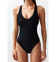 Kadın Moda Atma Kap Askılı Brief Yaka Siyah Sırt Dekolteli High Leg Regular Mayo