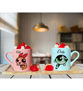 Power Puff Blossom & Buttercup Arkadaş Çift Tasarımlı Pembe & Yeşil Ahşap Tabaklı Kişiye Özel Türk Kahvesi Fincanı Seti