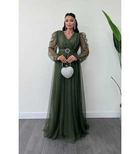 Tül Kumaş Kruvaze Yaka Maxi Elbise - HAKİ YEŞİLİ (Haki-Yeşil)