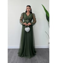 Tül Kumaş Kruvaze Yaka Maxi Elbise - HAKİ YEŞİLİ (Haki-Yeşil)