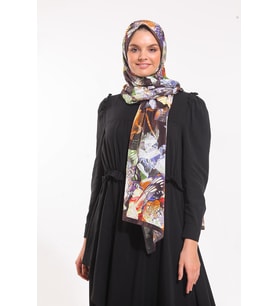 Çiçekli Desen Elegante Seri Şal Eşarp Askısı İle Birlikte 75x200 Siyah Haki Krem