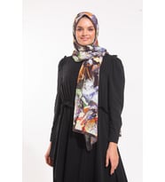 Çiçekli Desen Elegante Seri Şal Eşarp Askısı İle Birlikte 75x200 Siyah Haki Krem