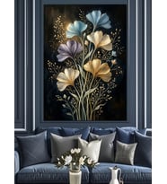 Altın Çiçekli Modern Buket Dekoratif Kanvas - Mdf Ahşap Tablo