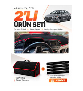 HYUNDAİ ELANTRA (2017-2020) Uyumlu Torpido Örtüsü + Tay Tüyü Bagaj Çantası + Sticker Seti - Siyah Kırmızı