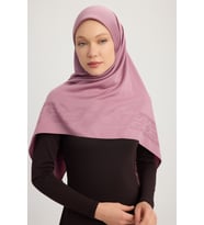 Wafa A1121 Mat Saten Pano Jakarlı Eşarp 110x110cm - Bej (Gül Kurusu)