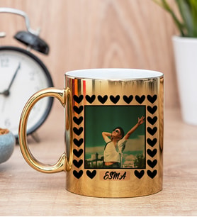 Kişiye Özel Kalp Detaylı Fotoğraflı  Gold Kupa Bardak