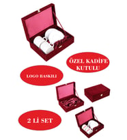 KADİFE KUTULU 2 Lİ KİŞİYE ÖZEL BASKILI TÜRK KAHVESİ FİNCAN SETİ (Kırmızı)