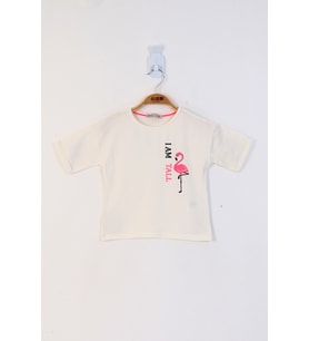 Toontoy Kız Çocuk Düşük Kol Flamingo Baskılı Tişört (Ekru)