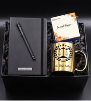 Avukatlara Özel Siyah Defter & Siyah Mat Roller Kalem & Adalet Temalı Gold Renk Kupa Hediye Seti
