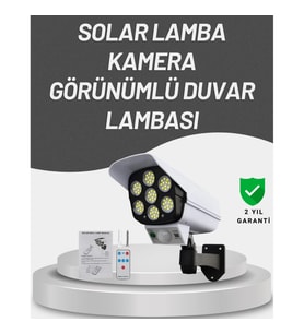 Mey İthalat® 77 LED'li Güneş Enerjili Güvenlik Lambası ve Kukla Kamera – Hareket Sensörlü, 2400mAh P