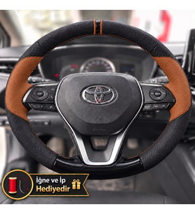 Toyota Camry XV70 Dikme Direksiyon Kılıfı Delikli Deri Parlak Siyah Taba Detay Çift Yüzük ve Dikiş 2021-2024