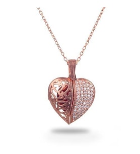 Yazı Yazılan Hediyelik Rose Kaplama Kübik Zirkon Taşlı Gümüş Kalp Kadın Gümüş Kolye, 925 Ayar Gerçek Gümüş, (Rose - Gold)