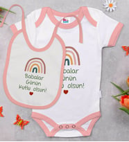 BK Kids Babalar Günün Kutlu Olsun Tasarımlı Pembe Bebek Body Zıbın ve Mama Önlüğü Hediye Seti-1
