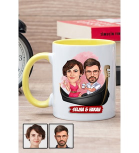 Çiftlere Özel Hediye Tek Taş Yüzük Temalı Karikatürlü Sarı Kupa Bardak